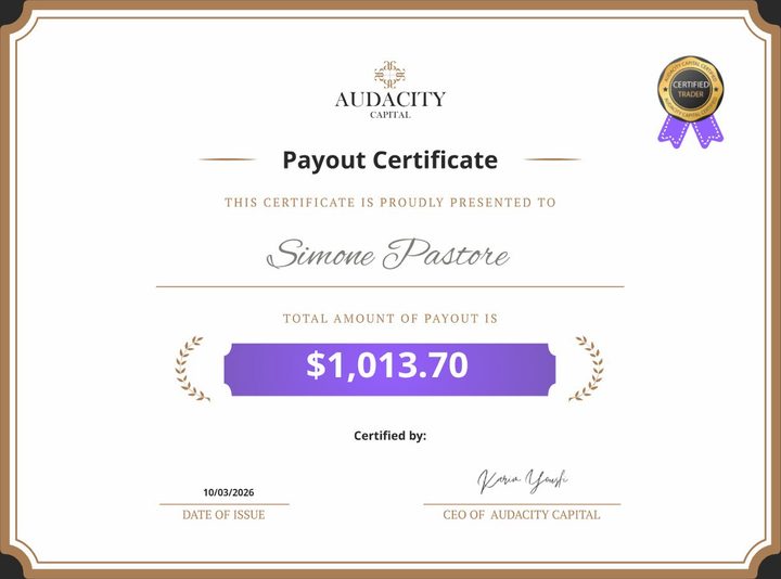 Payout Audacity Capital di Simone Pastore, 1.013 $